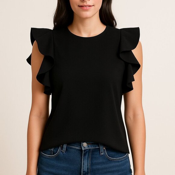 Amanda Uprichard Tops - Amanda Uprichard Black Crew Neck Ruffle Sleeve Blouse  Size P / XS